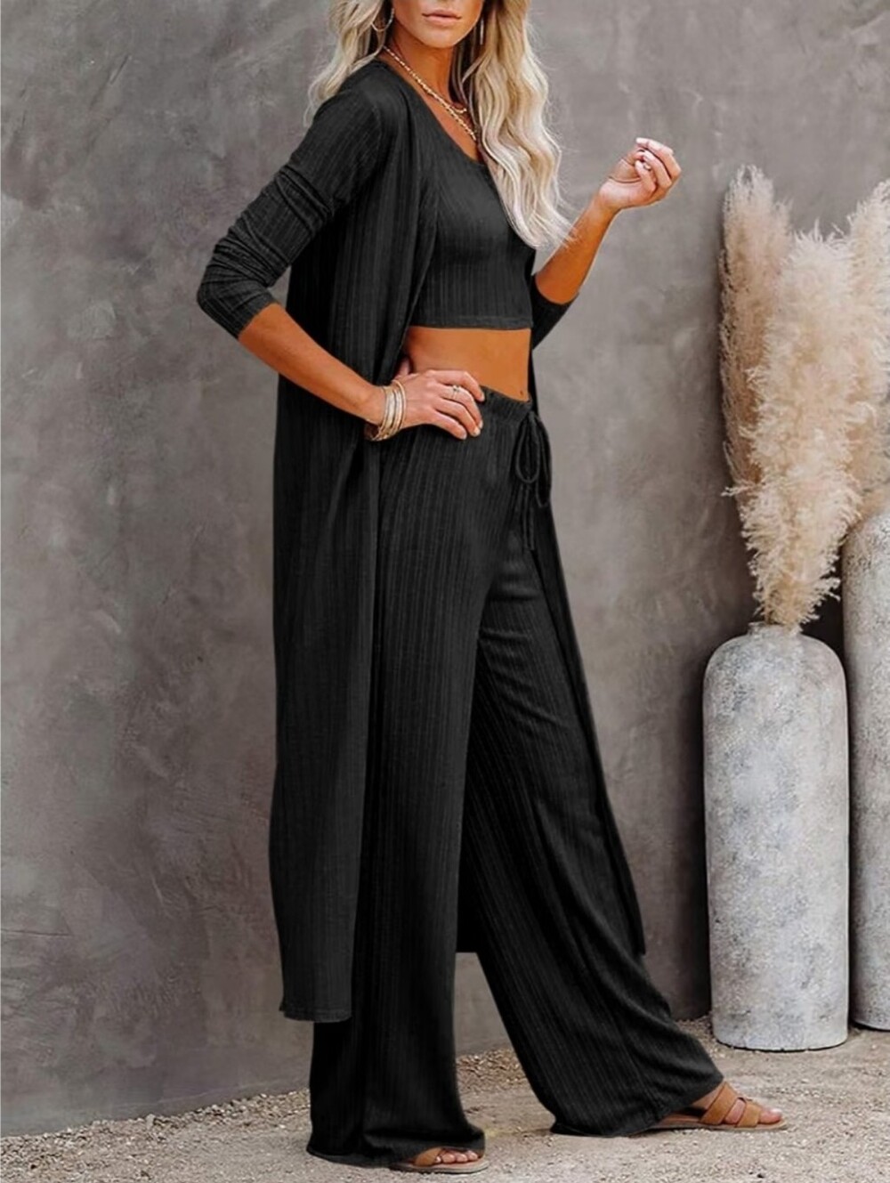 3pcs Lounge Set Long Sleeve Cardigan Sleeveless Top Pants Sweatsuit